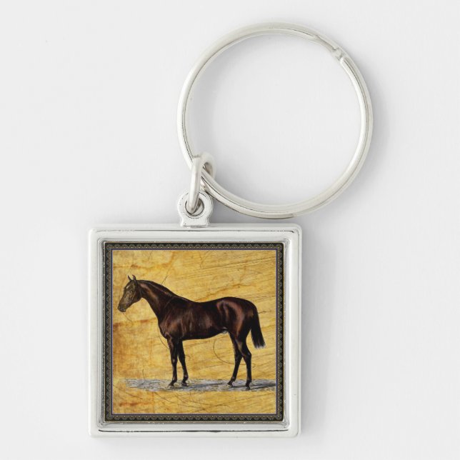 Brown Horse Fyrkantig Silverfärgad Nyckelring (Framsidan)
