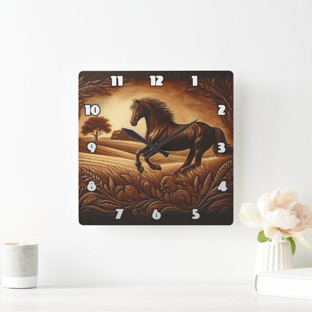 Brown Horse Galloping över Golden Fält Fyrkantig Klocka (Hem)