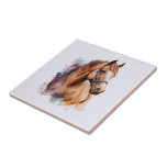 Brown Horse Head Portrait in Watercolor Kakelplatta<br><div class="desc">Ceramic tile with an image of a brown horse head wearing a leather halter. Beautiful majestic animal.</div>