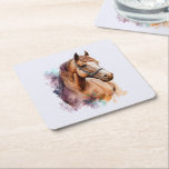 Brown Horse Head Portrait in Watercolor Underlägg Papper Kvadrat<br><div class="desc">Paper (sturdy pulp board) coasters with an image of a brown horse head wearing a leather halter. Beautiful majestic animal.</div>