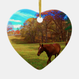 Brown Horse i en regnbåge färgad fält Julgransprydnad Keramik