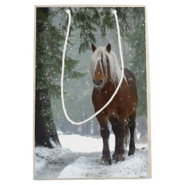 Brown Horse i en vinter-skog med Snö-fall