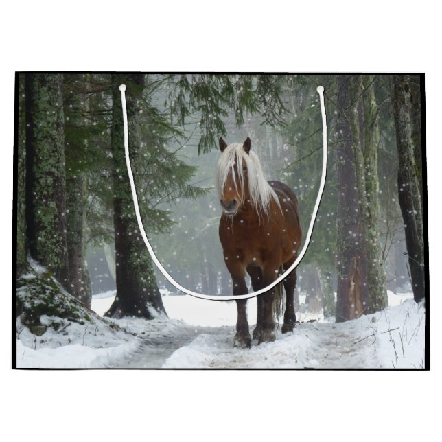 Brown Horse i en vinter-skog med Snö-fall (Framsidan)