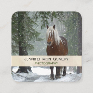Brown Horse i en vinter-skog med Snö-fall Fyrkantigt Visitkort