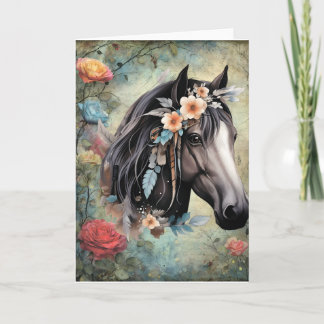  Brown horse in flowers. Anteckningskort