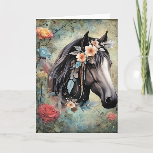  Brown horse in flowers. Anteckningskort (Framsida)