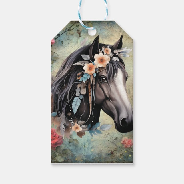  Brown horse in flowers. Presentetikett (Framsidan)