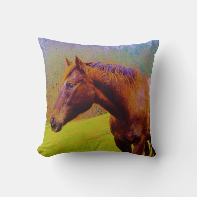 Brown Horse, Lila Träd Kudde (Framsida)