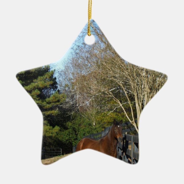 Brown Horse mot ett stängsel Julgransprydnad Keramik (Framsidan)