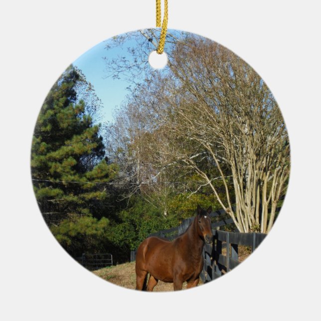 Brown Horse mot ett stängsel Julgransprydnad Keramik (Framsidan)