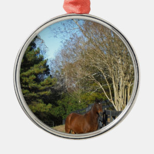 Brown Horse mot ett stängsel Julgransprydnad Metall