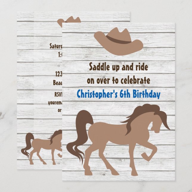 Brown Horse och Cowboy Hat Western Birthday Inbjudningar (Fram/baksida)