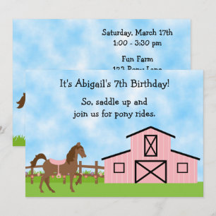 Brown Horse och Rosa Barn Pony Rides Birthday Inbjudningar