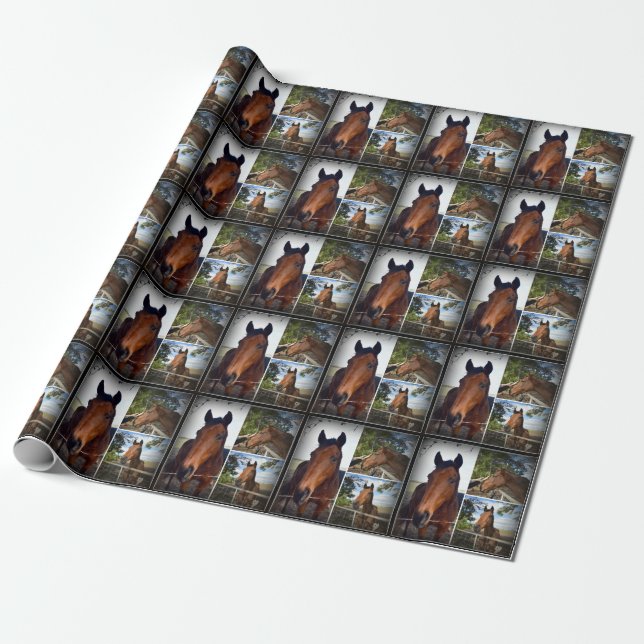 Brown Horse Photo Collage, Gift Wrapping Papper Presentpapper (Utrullad)