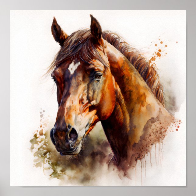 Brown Horse Porträtt Watercolor Poster (Framsidan)