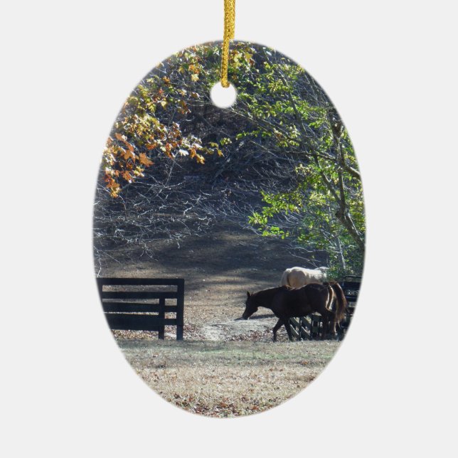 Brown Horse som går genom Fence Julgransprydnad Keramik (Framsidan)