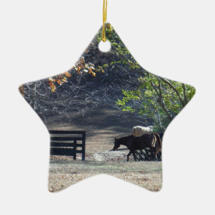 Brown Horse som går genom Fence Julgransprydnad Keramik