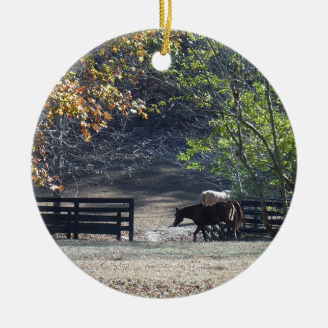 Brown Horse som går genom Fence Julgransprydnad Keramik (Framsidan)