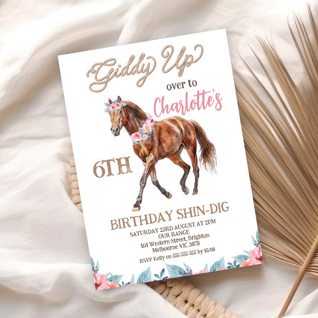 Brown Horse Western Giddy Up Birthday Inbjudningar (Girls Giddy Up Horse Birthday Invitation Gallop Over Horse Birthday Invitation Pony Birthday Invite)