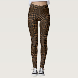 Brown Houndstooth Play Mönster Patchwork Collage Leggings
