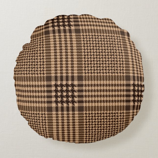 Brown Houndstooth Scottish Check Play Mönster Rund Kudde (Framsidan)