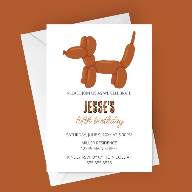 Brown Hund Balloon Animal Födelsedagsfest Inbjudningar (Brown Dog Balloon Animal Birthday Party Invitation)