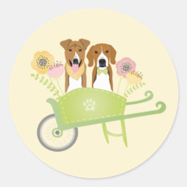 Brown Hundar i Wheelbarrow Vår blommor Runt Klistermärke