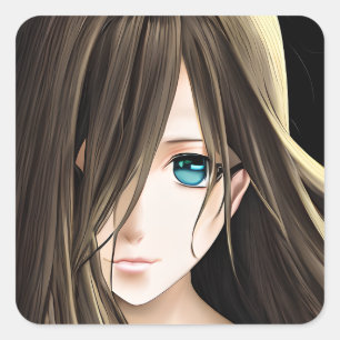 Brown Hved Blue Eyed Anime Girl Fyrkantigt Klistermärke