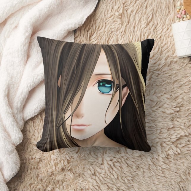 Brown Hved Blue Eyed Anime Girl Kudde (Filt)