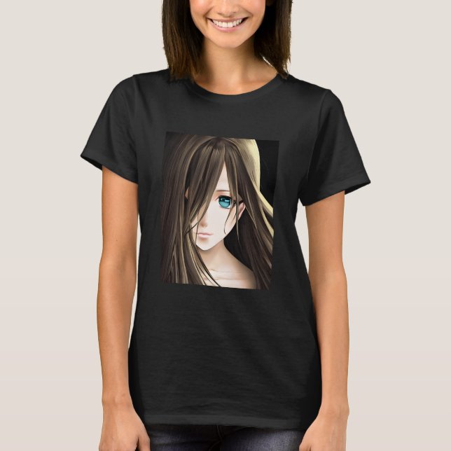 Brown Hved Blue Eyed Anime Girl T Shirt (Framsida)