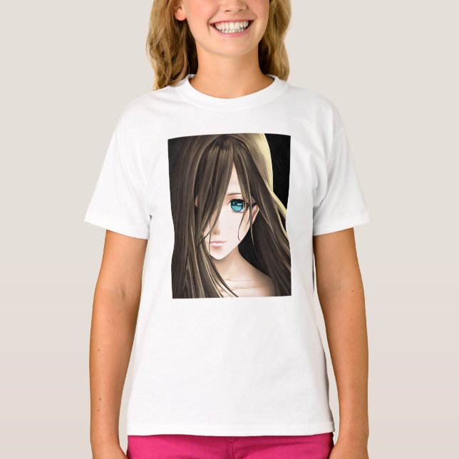 Brown Hved Blue Eyed Anime Girl T Shirt (Framsida)