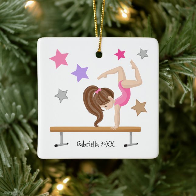 Brown Hved Gymnast Girl Gymnastics jul Julgransprydnad Keramik (Träd)