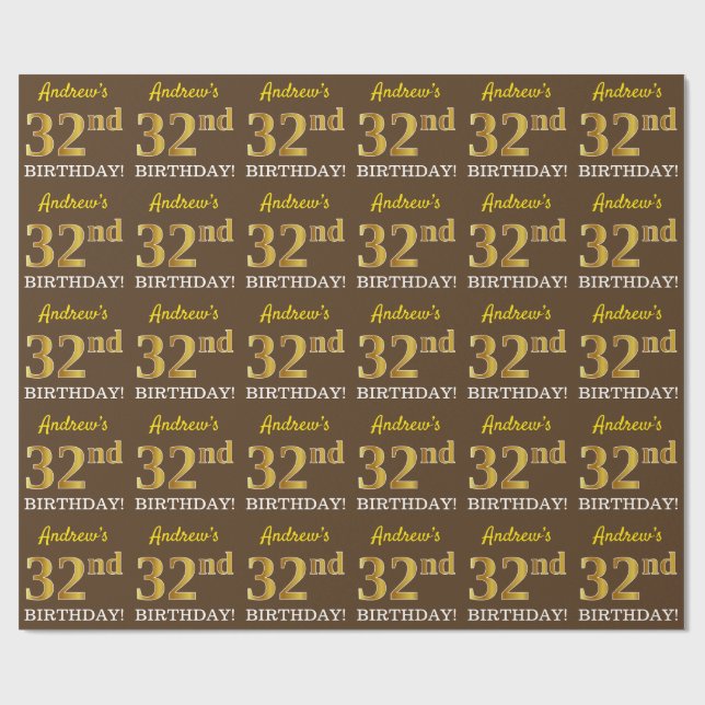 Brown, Imitation Guld titta "32:a BIRTHDAY" Presentpapper (Platt)