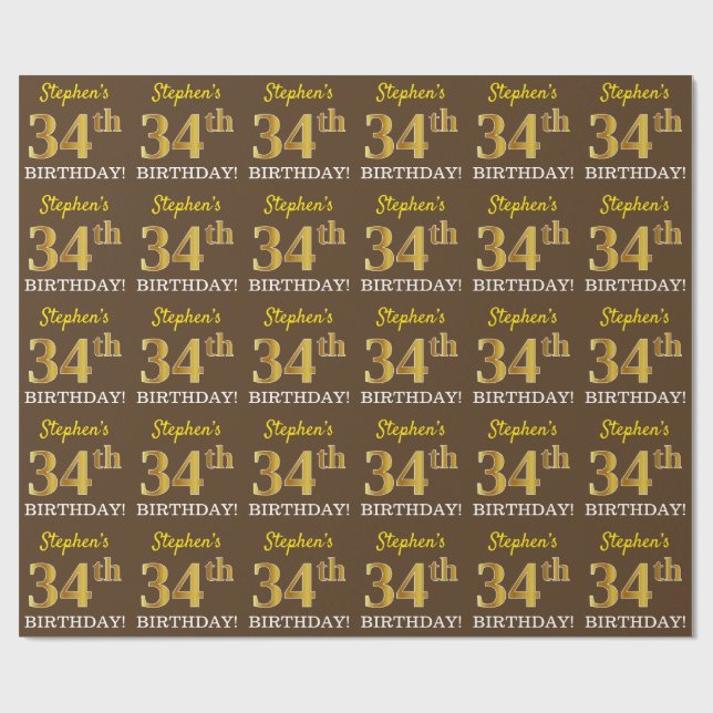 Brown, Imitation Guld titta "34:e BIRTHDAY" Presentpapper (Platt)