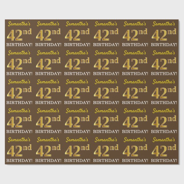 Brown, Imitation Guld titta "42:a BIRTHDAY" Presentpapper (Platt)