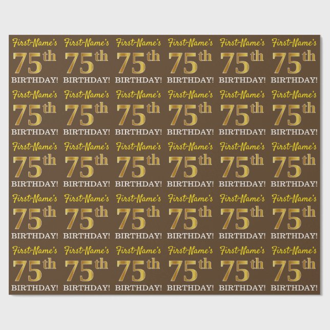 Brown, Imitation Guld titta "75:e BIRTHDAY" Presentpapper (Platt)