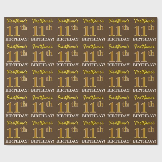 Brown, Imitation Guld tittar "11:e BIRTHDAY" Presentpapper (Platt)