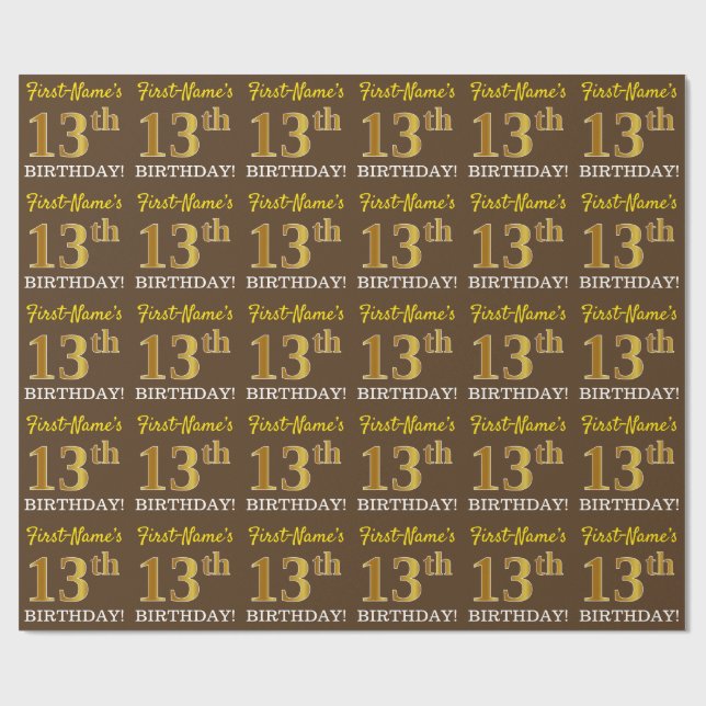 Brown, Imitation Guld tittar "13:e BIRTHDAY" Presentpapper (Platt)