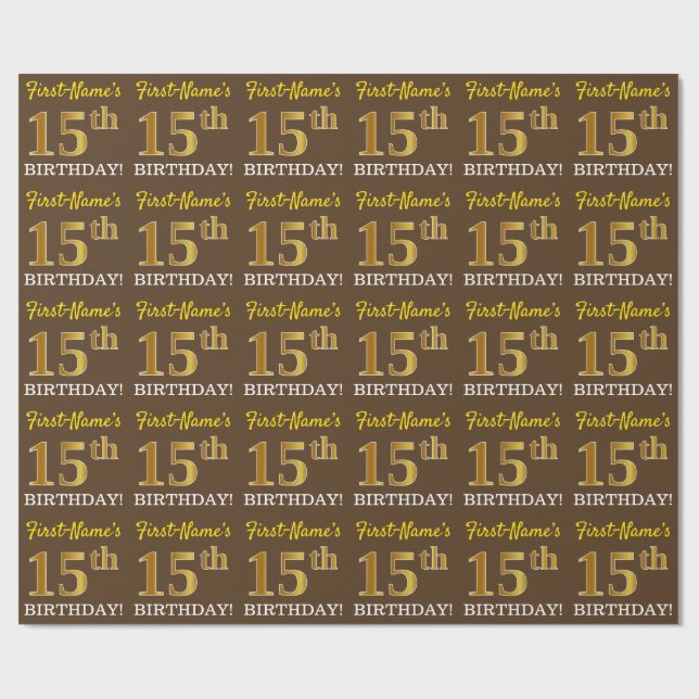Brown, Imitation Guld tittar "15:e BIRTHDAY" Presentpapper (Platt)