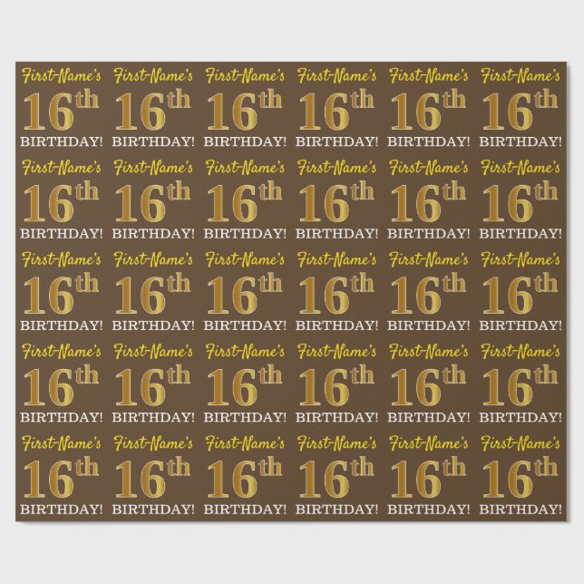 Brown, Imitation Guld tittar "16:e BIRTHDAY" Presentpapper (Platt)