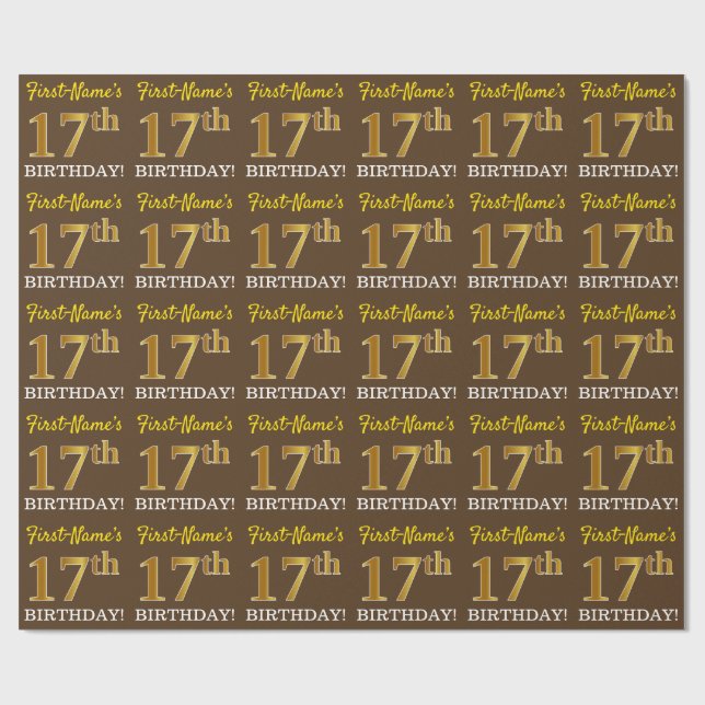 Brown, Imitation Guld tittar "17:e BIRTHDAY" Presentpapper (Platt)