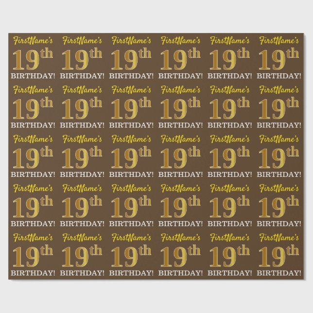 Brown, Imitation Guld tittar "19:e BIRTHDAY" Presentpapper (Platt)