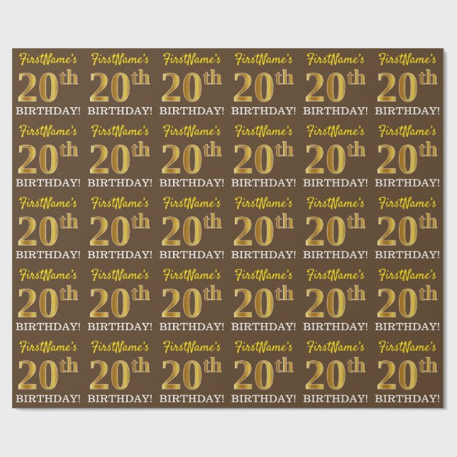Brown, Imitation Guld tittar "20:e BIRTHDAY" Presentpapper (Platt)