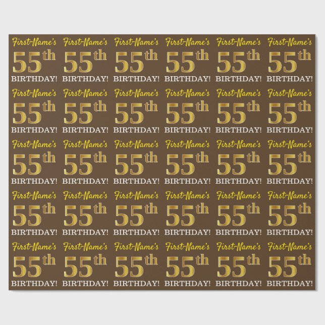 Brown, Imitation Guld tittar "55:e BIRTHDAY" Presentpapper (Platt)