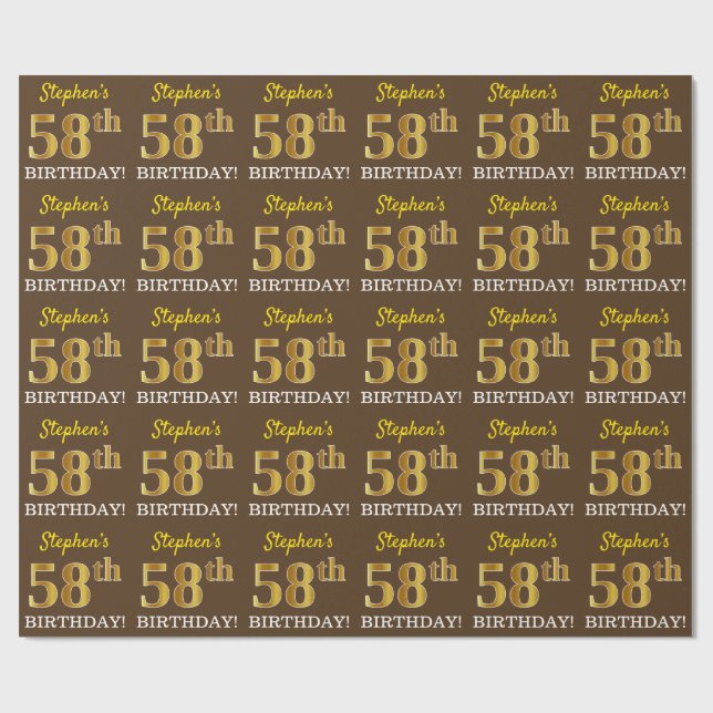 Brown, Imitation Guld tittar "58:e BIRTHDAY" Presentpapper (Platt)