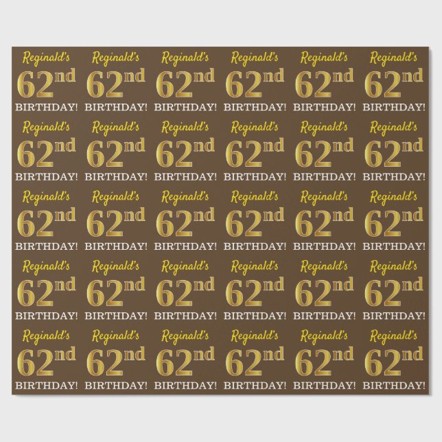 Brown, Imitation Guld tittar "62:a BIRTHDAY" Presentpapper (Platt)