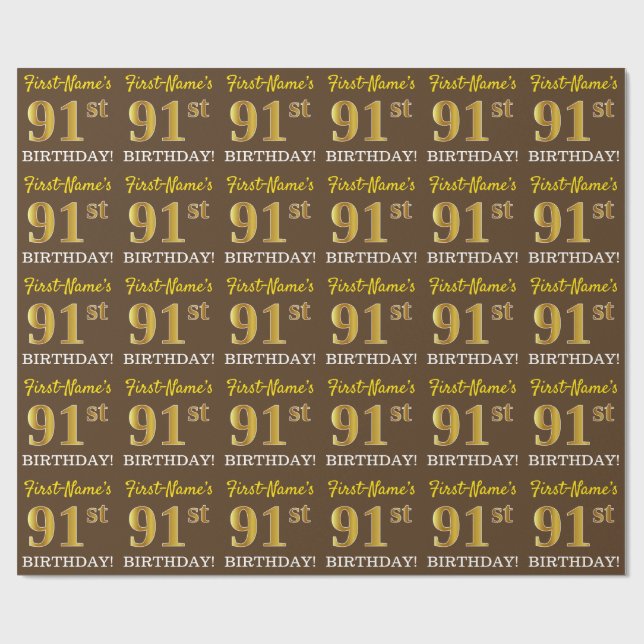 Brown, Imitation Guld tittar "91:a BIRTHDAY" Presentpapper (Platt)
