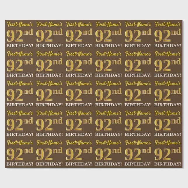 Brown, Imitation Guld tittar "92:a BIRTHDAY" Presentpapper (Platt)