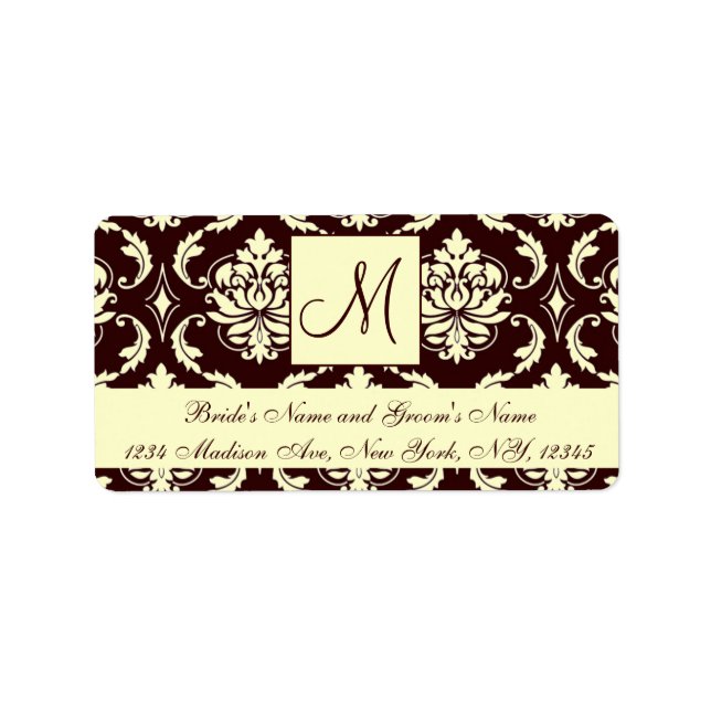Brown Ivory Damask Monogram Bröllop Adressetikette Adressetikett (Framsidan)