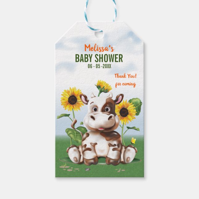 Brown Jersey Cow Sunsun Baby Shower Presentetikett (Framsidan)